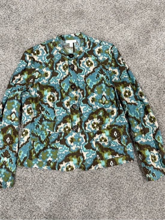 Charter Club Jackets & Blazers - Vintage Charter Club Teal Brown Ikat 100% Linen Pockets Blazer Jacket Women’s L